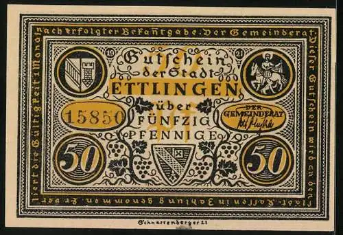 Notgeld Ettlingen 1921, 50 Pfennig, Ratsherren foltern ohne Gnade