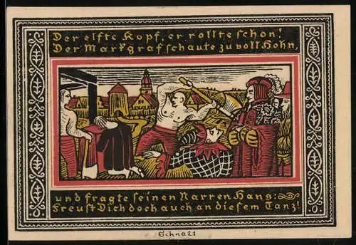 Notgeld Ettlingen 1921, 50 Pfennig, Narr und Markgrafschaft erfreuen sich an der Enthauptung