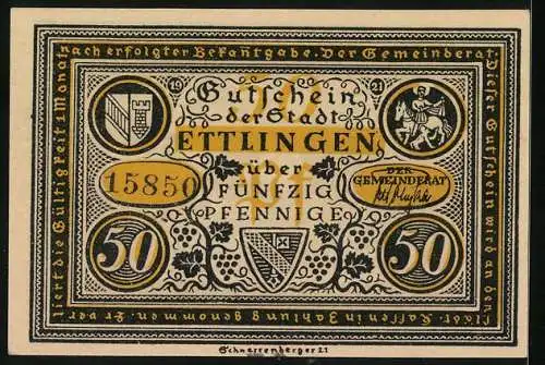 Notgeld Ettlingen 1921, 50 Pfennig, Narr und Markgrafschaft erfreuen sich an der Enthauptung