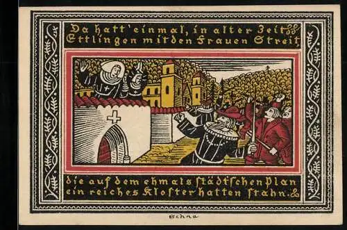 Notgeld Ettlingen 1921, 50 Pfennig, Ritter greifen das Kloster an