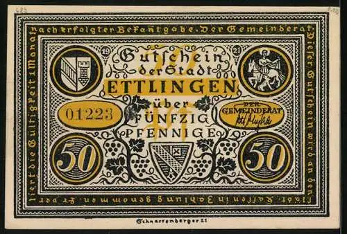 Notgeld Ettlingen 1921, 50 Pfennig, Ritter greifen das Kloster an