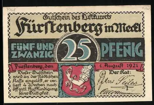 Notgeld Fürstenberg 1921, 25 Pfennig, Stadtwappen, Kurpark