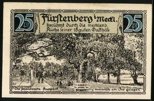 Notgeld Fürstenberg 1921, 25 Pfennig, Stadtwappen, Kurpark