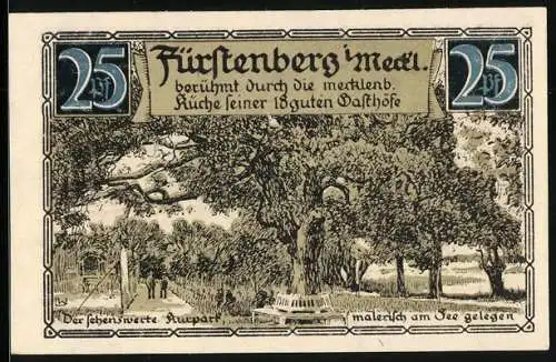 Notgeld Fürstenberg 1921, 25 Pfennig, Kurpark mit grossem Baum, Stadtwappen