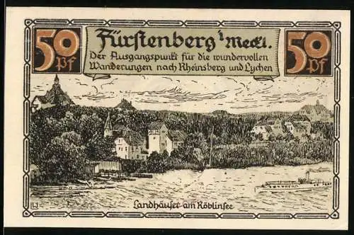 Notgeld Fürstenberg 1921, 50 Pfennig, Landhäuser am Röblinsee, Dampfer
