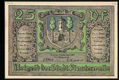 Notgeld Finsterwalde 1921, 25 Pfennig, Stadtwappen, Blick zur Festung