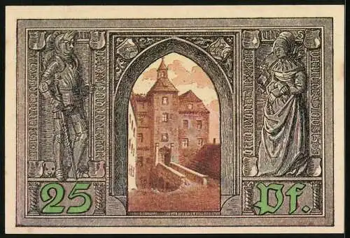 Notgeld Finsterwalde 1921, 25 Pfennig, Stadtwappen, Blick zur Festung