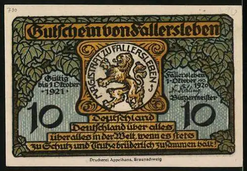 Notgeld Fallersleben 1920, 10 Pfennig, Denkmal von Hoffmann von Fallersleben