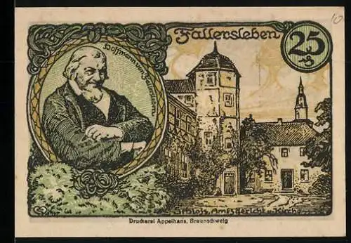 Notgeld Fallersleben 1920, 25 Pfennig, Hoffmann von Fallersleben, Schloss, Amtsgericht u. Kirche