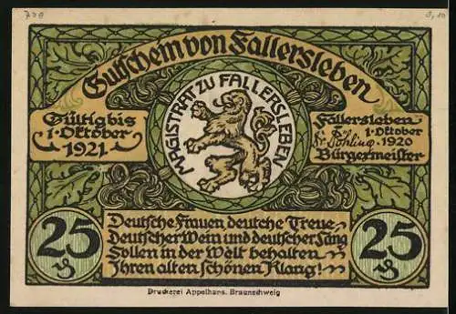 Notgeld Fallersleben 1920, 25 Pfennig, Hoffmann von Fallersleben, Schloss, Amtsgericht u. Kirche