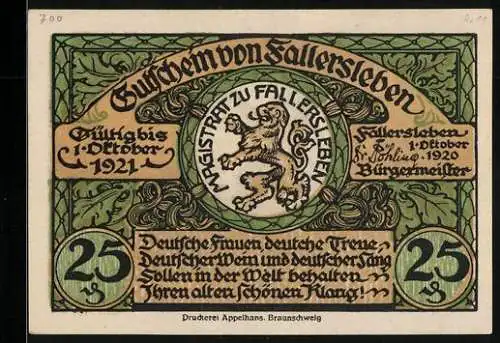 Notgeld Fallersleben 1920, 25 Pfennig, Magistratlöwe, Schloss und Amtsgericht