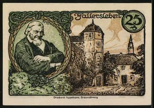 Notgeld Fallersleben 1920, 25 Pfennig, Magistratlöwe, Schloss und Amtsgericht