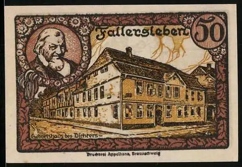 Notgeld Fallersleben 1920, 50 Pfennig, Geburtshaus vom Dichter Hoffmann von Fallersleben