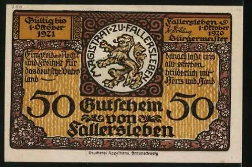 Notgeld Fallersleben 1920, 50 Pfennig, Geburtshaus vom Dichter Hoffmann von Fallersleben