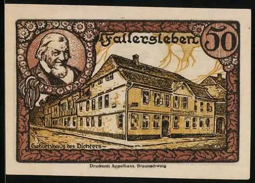 Notgeld Fallersleben 1920, 50 Pfennig, Geburtshaus des Dichters