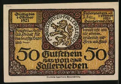 Notgeld Fallersleben 1920, 50 Pfennig, Geburtshaus des Dichters