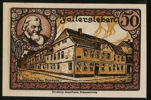 Notgeld Fallersleben 1920, 50 Pfennig, Hoffmann von Fallersleben und Geburtshaus