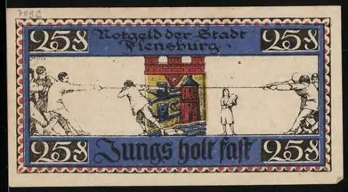 Notgeld Flensburg 1920, 25 Pfennig, Männer beim Tauziehen