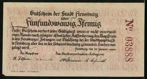 Notgeld Flensburg 1920, 25 Pfennig, Männer beim Tauziehen