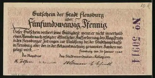 Notgeld Flensburg 1920, 25 Pfennig, Frau beobachtet Männer beim Tauziehen, Stadtwappen