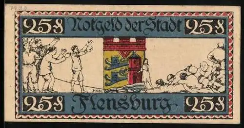 Notgeld Flensburg 1920, 25 Pfennig, Sieger gehen beim Tauziehen hervor