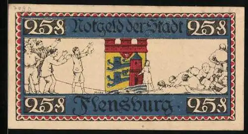 Notgeld Flensburg 1920, 25 Pfennig, Sieger und Verlierer vom Tauziehen