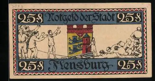 Notgeld Flensburg 1920, 25 Pfennig, Stadtwappen, Verlierer vom Tauziehen am Boden