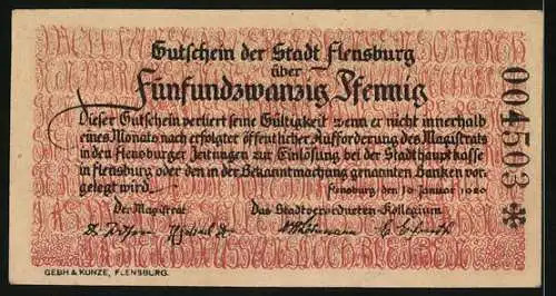 Notgeld Flensburg 1920, 25 Pfennig, Stadtwappen, Verlierer vom Tauziehen am Boden