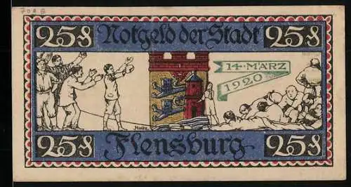 Notgeld Flensburg 1920, 25 Pfennig, Stadtwappen, Verlierer und Sieger vom Tauziehen