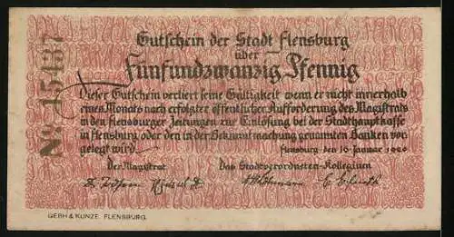 Notgeld Flensburg 1920, 25 Pfennig, Stadtwappen, Verlierer und Sieger vom Tauziehen