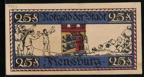 Notgeld Flensburg 1920, 25 Pfennig, Sieger vom Tauziehen erfreut nebst Stadtwappen