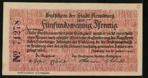 Notgeld Flensburg 1920, 25 Pfennig, Sieger vom Tauziehen erfreut nebst Stadtwappen