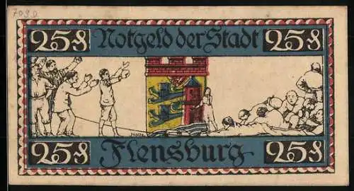 Notgeld Flensburg 1920, 25 Pfennig, Stadtwappen, Sieger und Verlierer vom Tauziehen