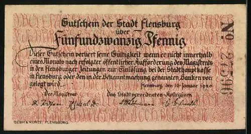 Notgeld Flensburg 1920, 25 Pfennig, Stadtwappen, Sieger und Verlierer vom Tauziehen