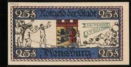 Notgeld Flensburg 1920, 25 Pfennig, Stadtwappen, Verlierer am Boden