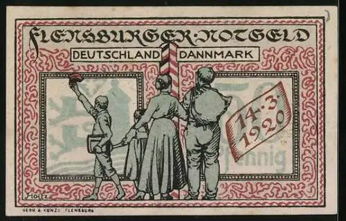 Notgeld Flensburg 1920, 50 Pfennig, Dänische Familie auf dem Weg nach Deutschland