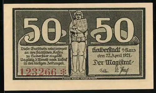 Notgeld Halberstadt 1921, 50 Pfennig, Ritterstatue mit Schild und Schwert, Geistlicher wird angebetet