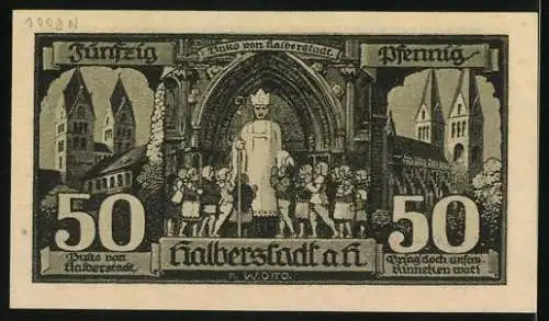 Notgeld Halberstadt 1921, 50 Pfennig, Ritterstatue mit Schild und Schwert, Geistlicher wird angebetet