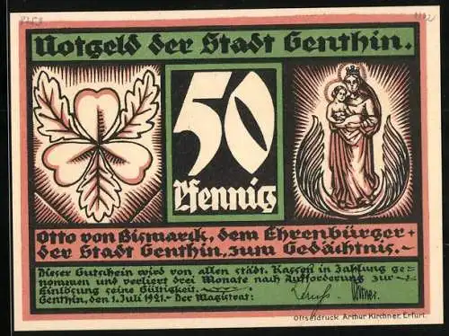 Notgeld Genthin 1921, 50 Pfennig, Otto von Bismarck Zitat