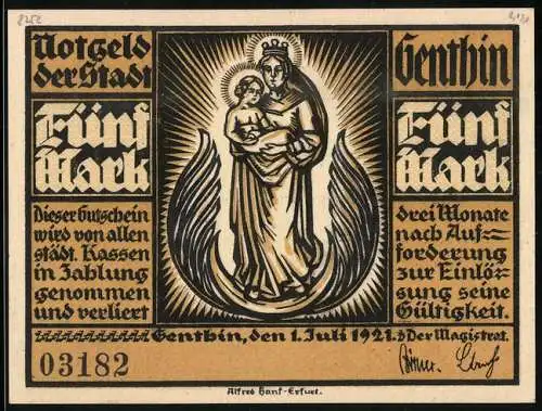 Notgeld Genthin 1921, 5 Mark, Heilige Madonna, Ortspartie mit Kirche