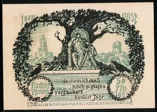 Notgeld Frankenhausen a. Kyffh. 1921, 50 Pfennig, Kyffhäuser-Denkmal, Ortsansicht
