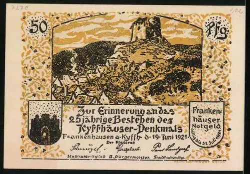 Notgeld Frankenhausen a. Kyffh. 1921, 50 Pfennig, Kyffhäuser-Denkmal, Ortsansicht