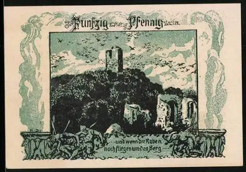 Notgeld Frankenhausen a. Kyffh. 1921, 50 Pfennig, Raben über dem Berg, Kyffhäuser-Denkmal