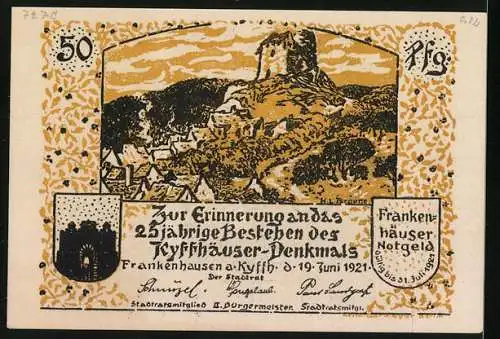 Notgeld Frankenhausen a. Kyffh. 1921, 50 Pfennig, Raben über dem Berg, Kyffhäuser-Denkmal