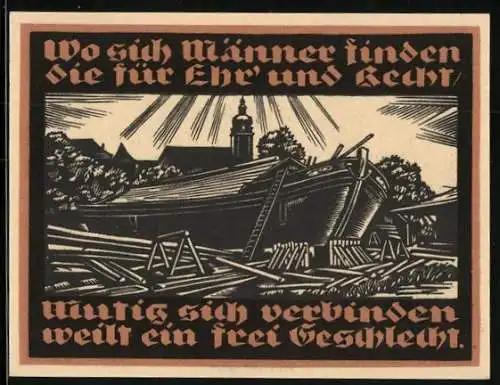 Notgeld Genthin 1921, 50 Pfennig, Schiff wird gebaut