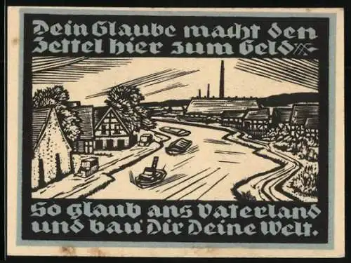 Notgeld Genthin 1921, 25 Pfennig, Boote fahren durch die Stadt