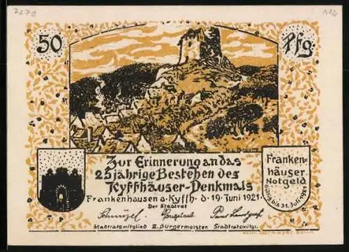 Notgeld Frankenhausen a. Kyffh. 1921, 50 Pfennig, Kyffhäuser-Denkmal, Prinzessin Ilse und die Musikanten