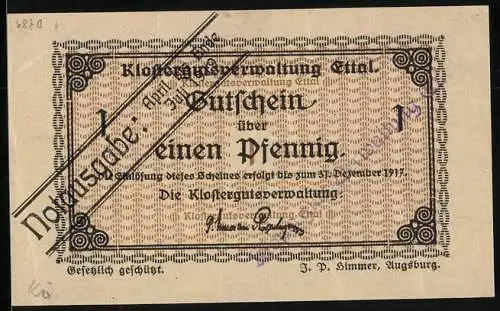 Notgeld Ettal 1917, 1 Pfennig, Unterschrift der Klosterverwaltung