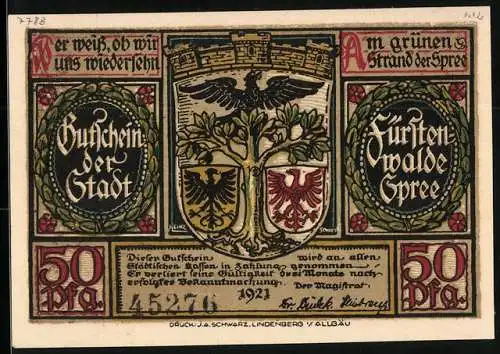 Notgeld Fürstenwalde 1921, 50 Pfennig, Stadtwappen, Quitzows auf einem Plünderungszug