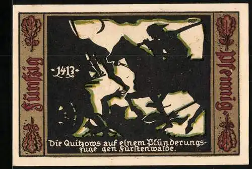 Notgeld Fürstenwalde 1921, 50 Pfennig, Quitzows auf Plünderungszug, Stadtwappen